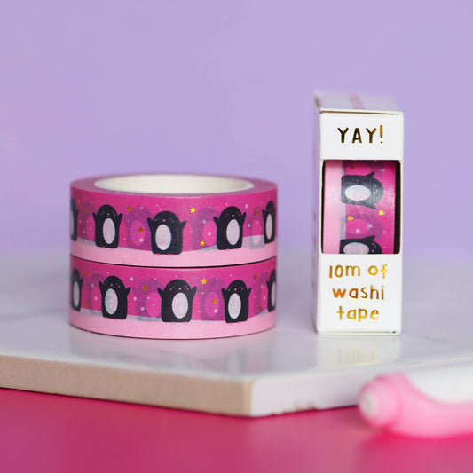 Pink Penguins Gold Foil Washi Tape